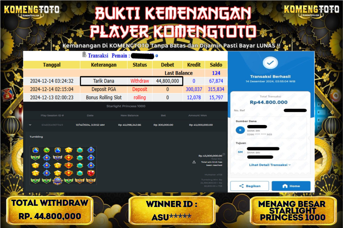 LAGI & LAGI!! KEMENANGAN BESAR DI SLOT  STARLIGHT PRINCES 1000 SEBESAR Rp.44.800.000 KOMENGTOTO BAYAR LUNAS SECEPAT KILAT !! KOMENGTOTO BAYAR SECEPAT KILAT !!