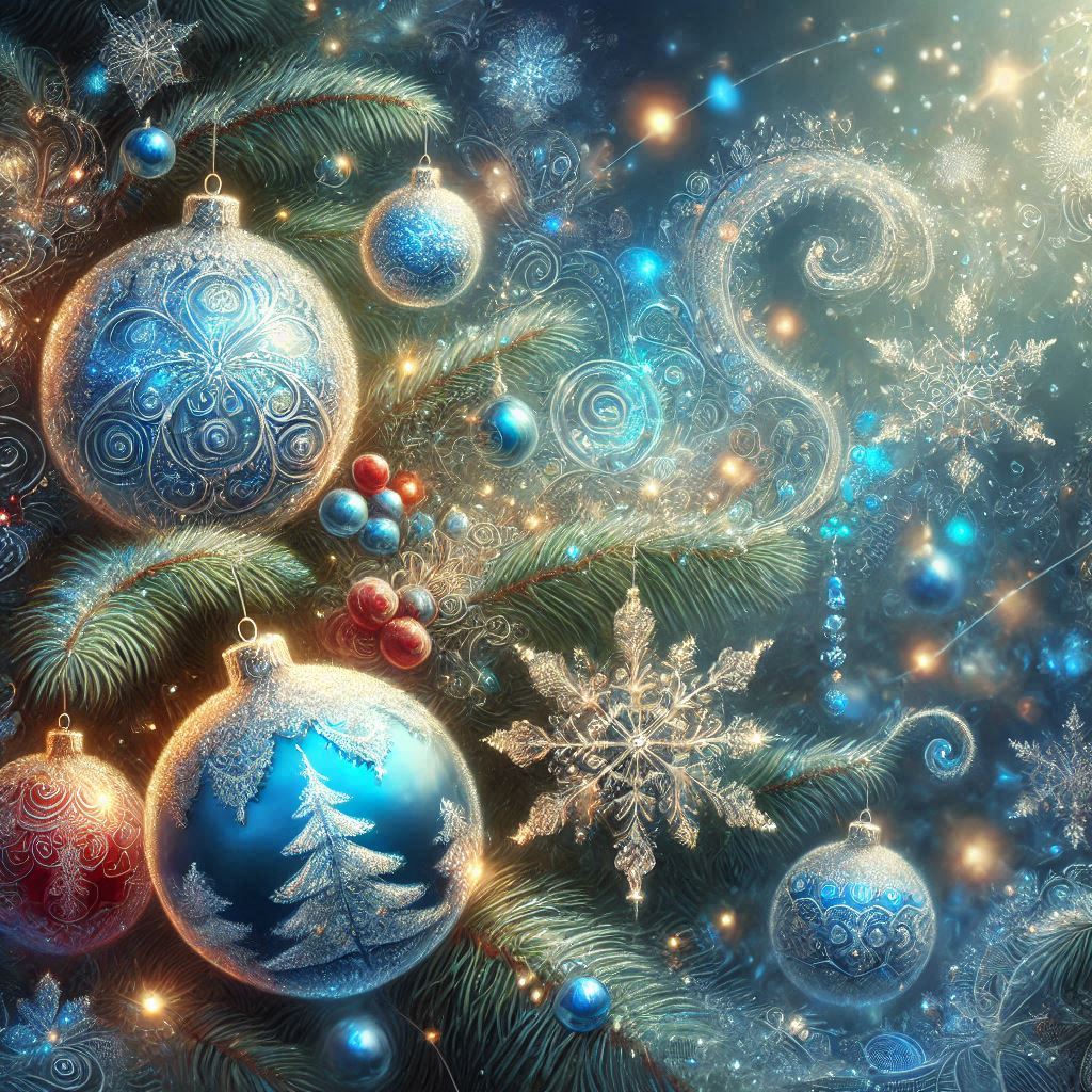 Magical Christmas image with a fir tree branch with Christmas glass balls on the edges, fractal effe