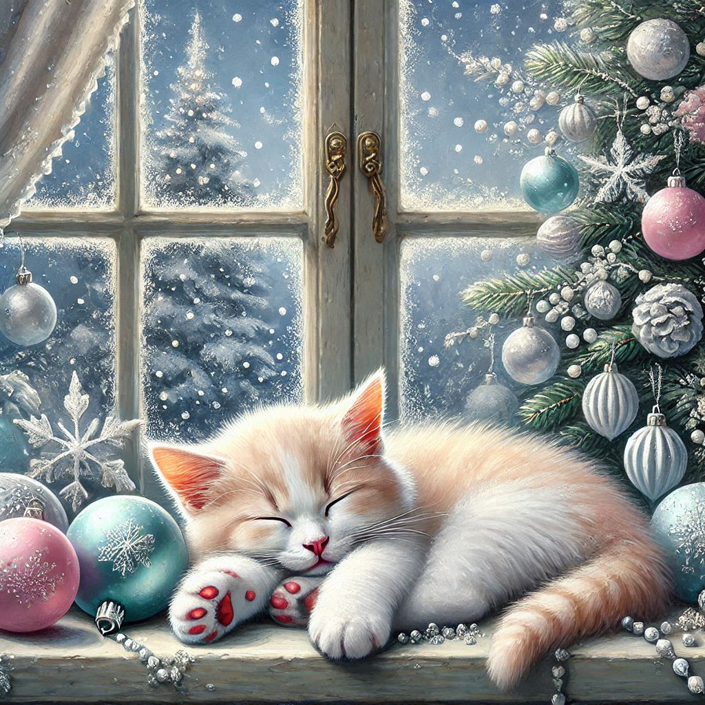 Christmas tree French large panoramic window,cute white kitten sleeping sweetly with paws stretched