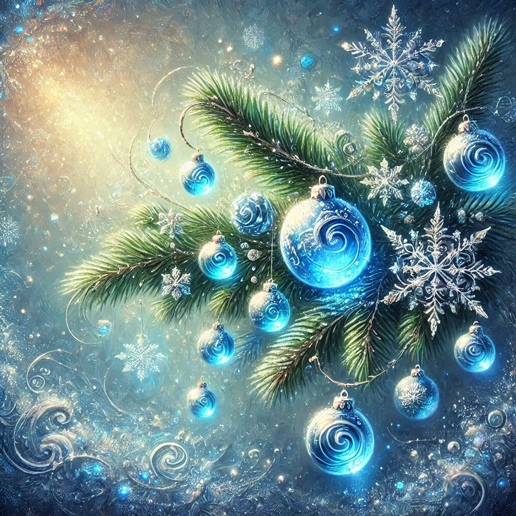 Magical Christmas image with a fir tree branch with Christmas glass balls on the edges, fractal effe