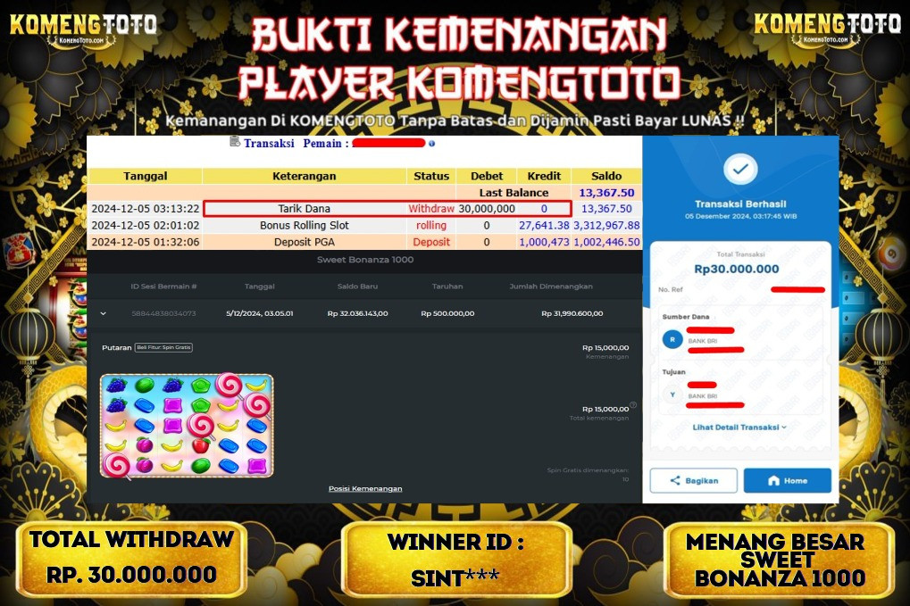 LAGI & LAGI!! KEMENANGAN BESAR DI SLOT SLOT SWEET BONANZA 1000 SEBESAR Rp.30.000.000 KOMENGTOTO BAYAR LUNAS SECEPAT KILAT !! KOMENGTOTO BAYAR SECEPAT KILAT !!