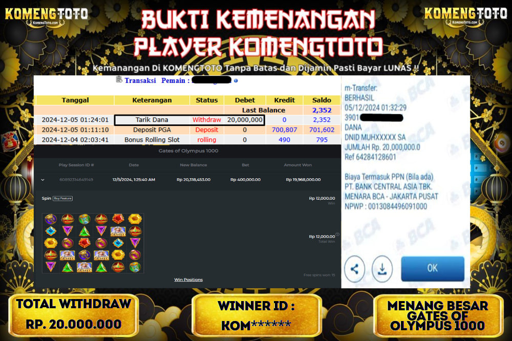 LAGI & LAGI!! KEMENANGAN BESAR DI SLOT  GATES OF OLYMPUS 1000  SEBESAR Rp.20.000.000 KOMENGTOTO BAYAR LUNAS SECEPAT KILAT !! KOMENGTOTO BAYAR SECEPAT KILAT !!
