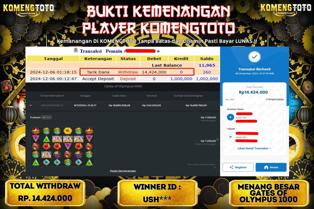 LAGI & LAGI!! KEMENANGAN BESAR DI SLOT  GATES OF OLYMPUS 1000  SEBESAR Rp.14.424.000 KOMENGTOTO BAYAR LUNAS SECEPAT KILAT !! KOMENGTOTO BAYAR SECEPAT KILAT !!