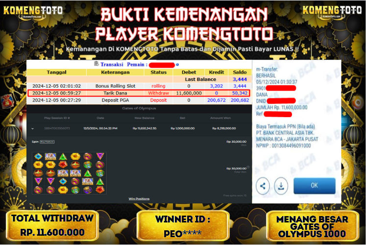 LAGI & LAGI!! KEMENANGAN BESAR DI SLOT  GATES OF OLYMPUS 1000  SEBESAR Rp.11.600.000 KOMENGTOTO BAYAR LUNAS SECEPAT KILAT !! KOMENGTOTO BAYAR SECEPAT KILAT !!
