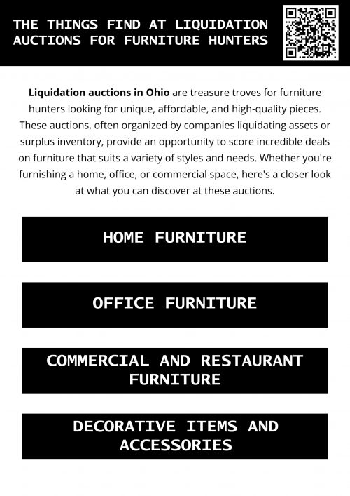 Liquidation auctions in Ohio are treasure troves for furniture hunters looking for unique, affordable, high-quality pieces. These auctions, often organized by companies liquidating assets or surplus inventory, provide an opportunity to score incredible deals on furniture that suits various styles and needs. With a bit of preparation and creativity, you can transform these finds into the perfect pieces for your space. To know more visit here https://www.wyethauctions.com/