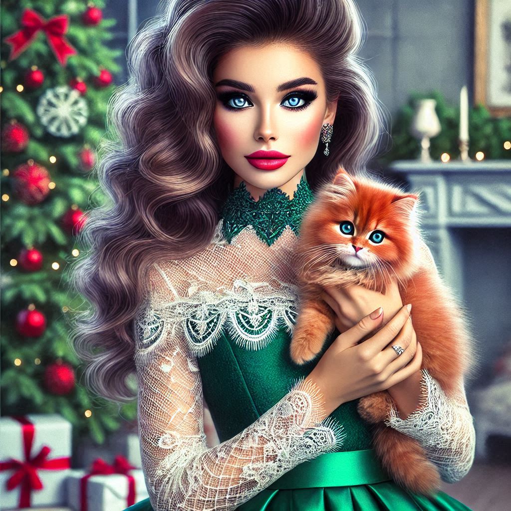 a beautiful elegant woman holds a red fluffy kitten in her arms, with expressive gray eyes, with eve