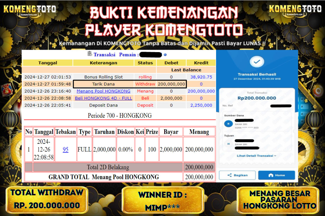 LAGI & LAGI!! KEMENANGAN BESAR DI PASARAN HONGKONG LOTTO  SEBESAR Rp.200.000.000 KOMENGTOTO BAYAR LUNAS SECEPAT KILAT !! KOMENGTOTO BAYAR SECEPAT KILAT !!
