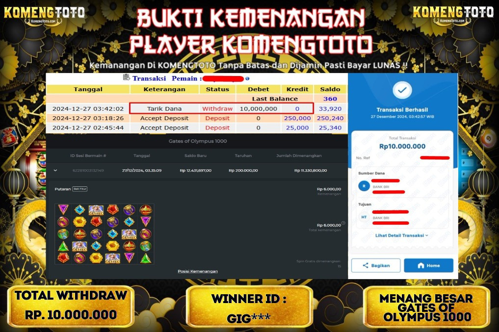 LAGI & LAGI!! KEMENANGAN BESAR DI SLOT  GATES OF OLYMPUS 1000  SEBESAR Rp.10.000.000 KOMENGTOTO BAYAR LUNAS SECEPAT KILAT !! KOMENGTOTO BAYAR SECEPAT KILAT !!