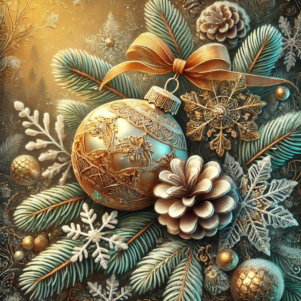 New Years toy on a fir tree branch, fantasy style postcard design with gilded fir cones, snow, and a
