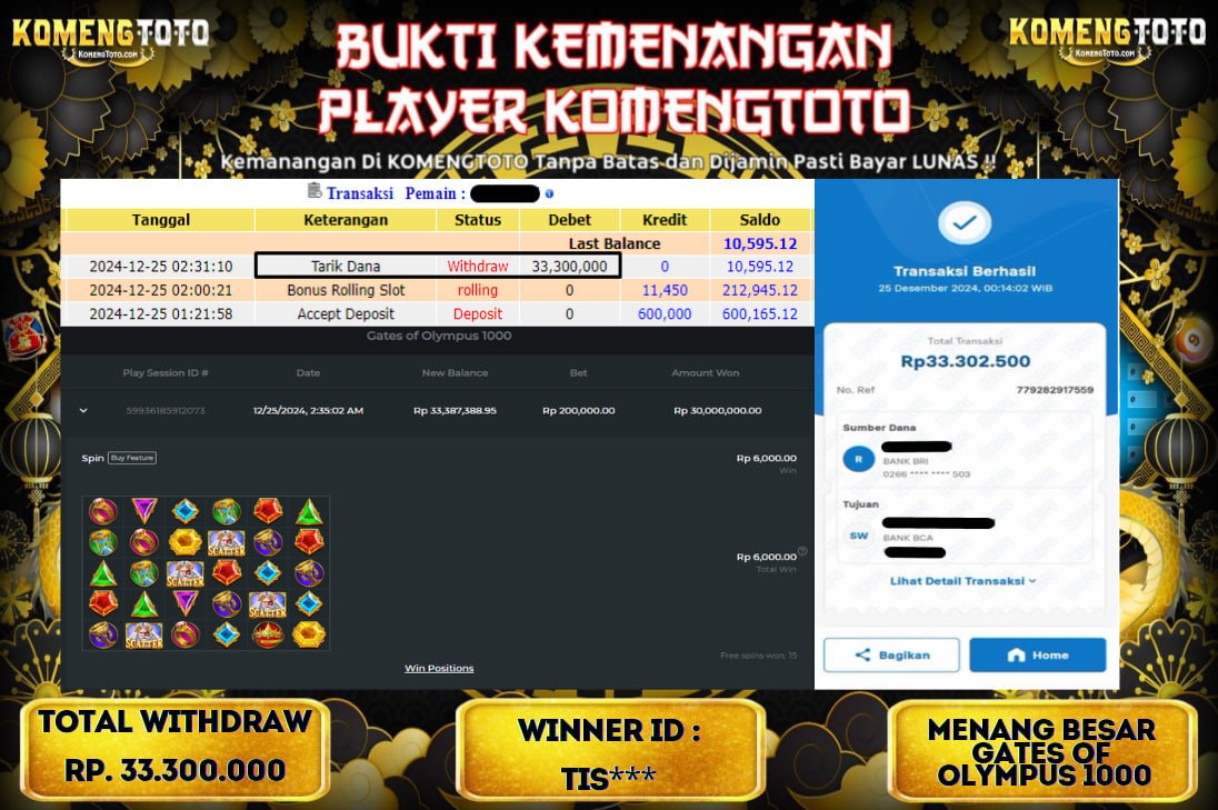 LAGI & LAGI!! KEMENANGAN BESAR DI SLOT  GATES OF OLYMPUS 1000  SEBESAR Rp.33.300.000 KOMENGTOTO BAYAR LUNAS SECEPAT KILAT !! KOMENGTOTO BAYAR SECEPAT KILAT !!
