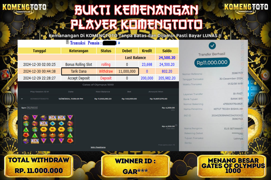 LAGI & LAGI!! KEMENANGAN BESAR DI SLOT  GATES OF OLYMPUS 1000  SEBESAR Rp.11.000.000 KOMENGTOTO BAYAR LUNAS SECEPAT KILAT !! KOMENGTOTO BAYAR SECEPAT KILAT !!