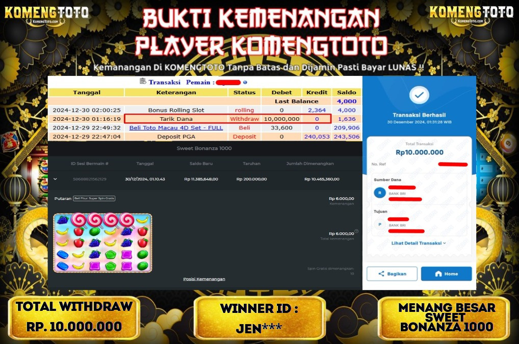 LAGI & LAGI!! KEMENANGAN BESAR DI SLOT  SWEET BONANZA 1000 SEBESAR Rp.10.000.000 KOMENGTOTO BAYAR LUNAS SECEPAT KILAT !! KOMENGTOTO BAYAR SECEPAT KILAT !!