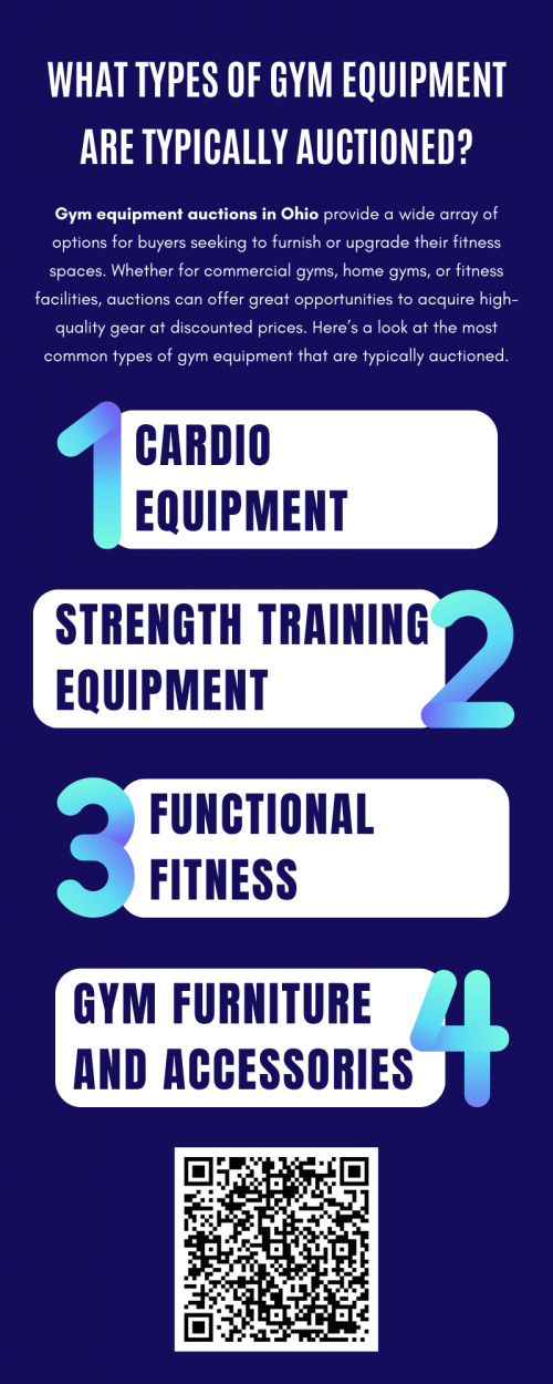 Gym equipment auctions in Ohio offer an extensive range of fitness gear for various needs, whether you’re building a commercial gym, outfitting a home gym, or upgrading your current equipment. Buyers can find everything from cardio machines and strength training equipment to specialized functional fitness gear and gym accessories. To know more visit here https://www.wyethauctions.com/industries/gym-fitness-equipment