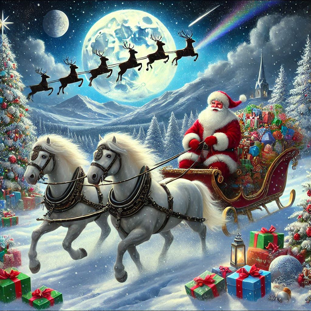 Santa Claus riding in a sleigh pulled by three white horses, behind him lies a whole mountain of gif