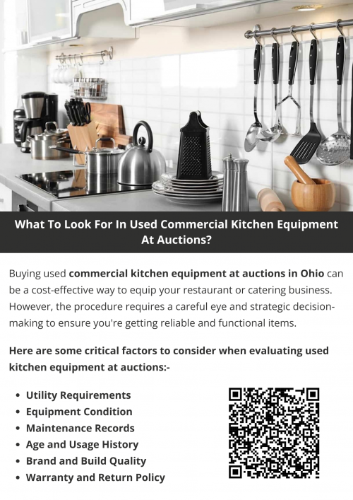 By carefully evaluating these factors, you can maximize your investment and avoid costly mistakes when purchasing used commercial kitchen equipment at auctions in Ohio. Proper research and preparation will ensure that your purchases are both practical and profitable. To know more visit here https://www.wyethauctions.com/industries/food-service-restaurant-equipment