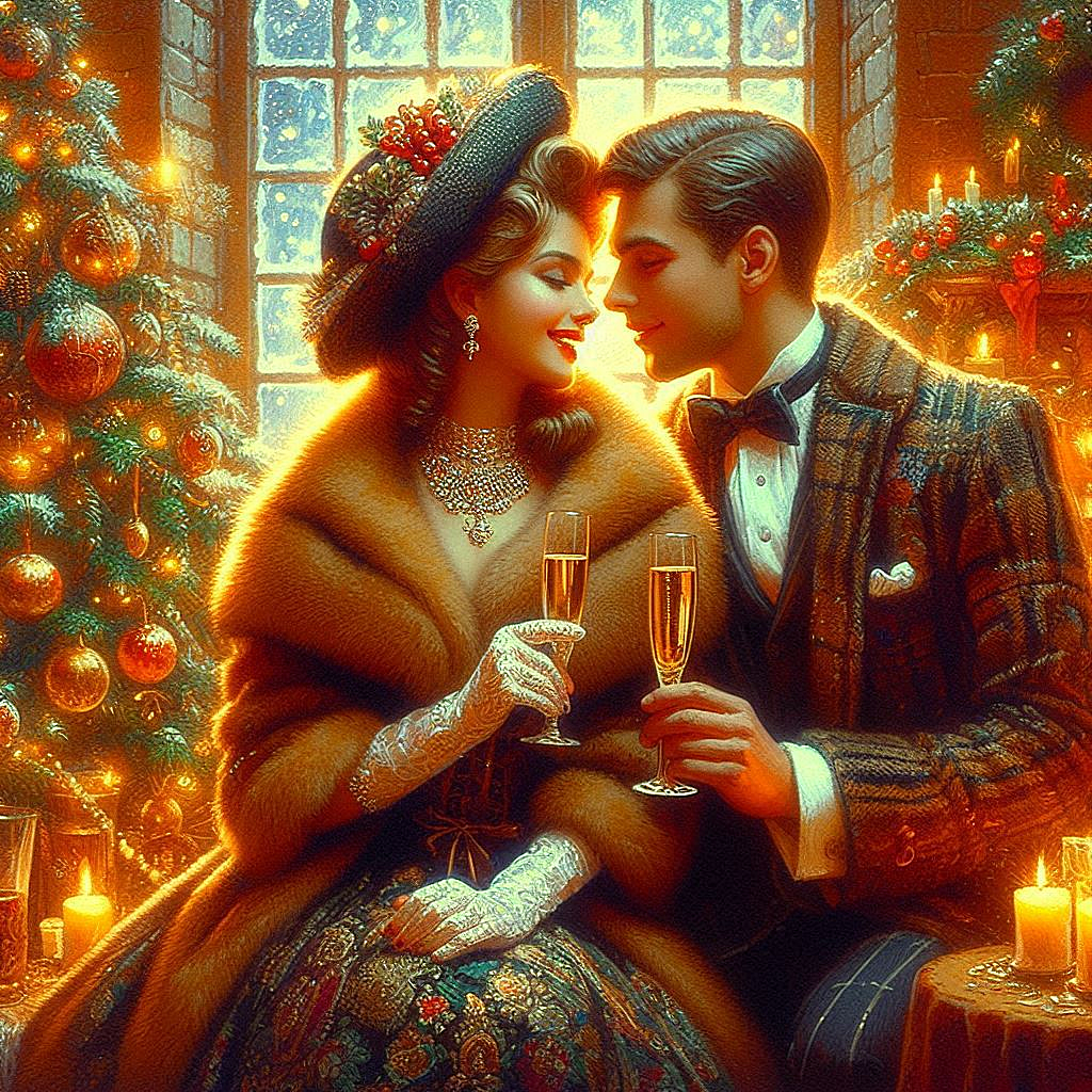 Oil painting, digital art, retro New Years card, a Russian couple in love with glasses of champagne