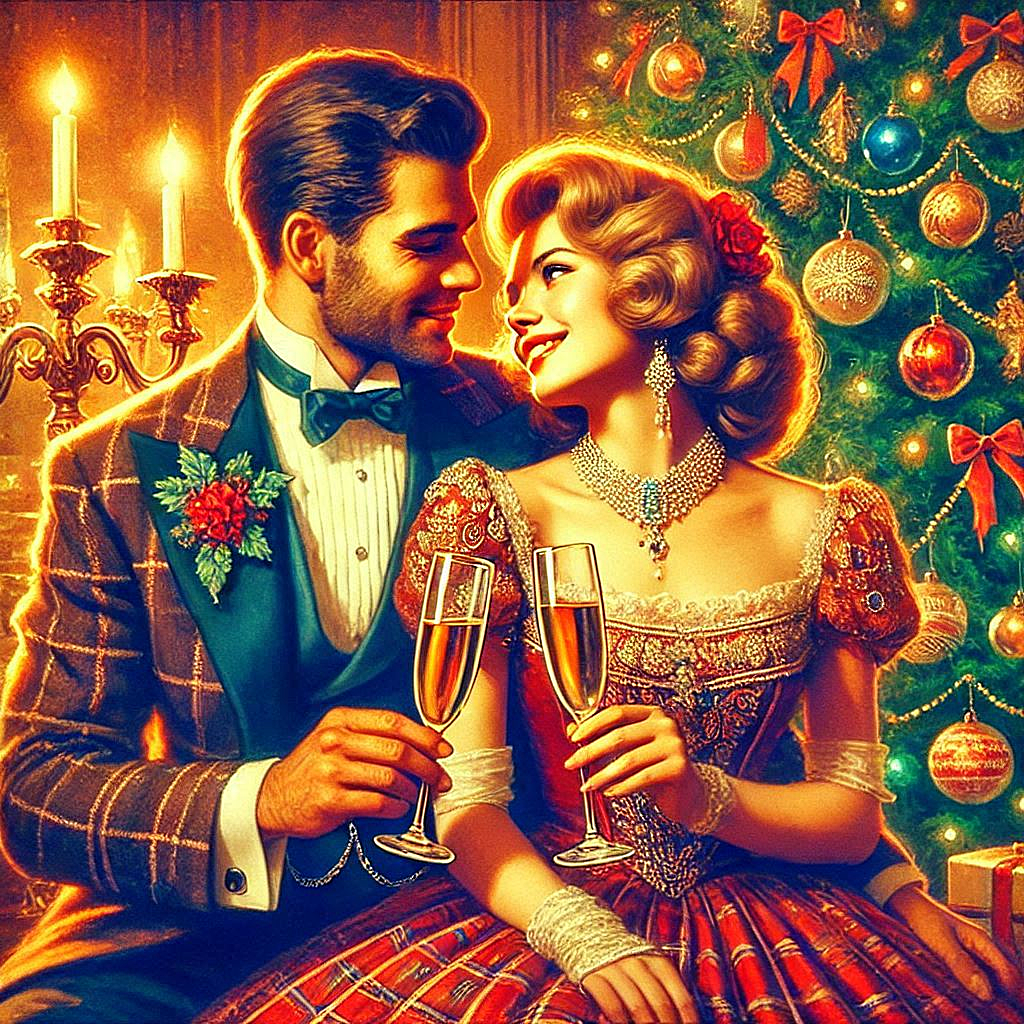 Oil painting, digital art, retro New Years card, a Russian couple in love with glasses of champagne