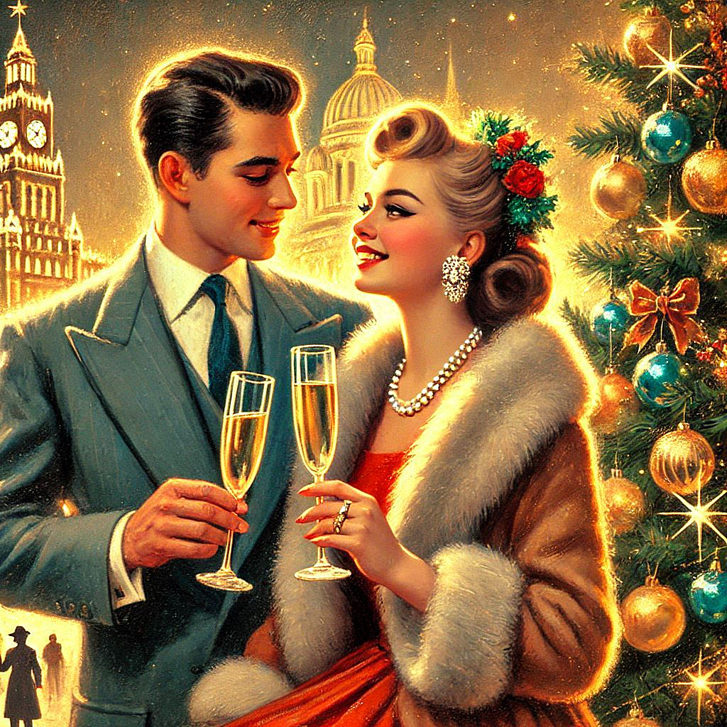 Oil painting, digital art, retro New Years card, Russian couple in love with glasses of champagne in