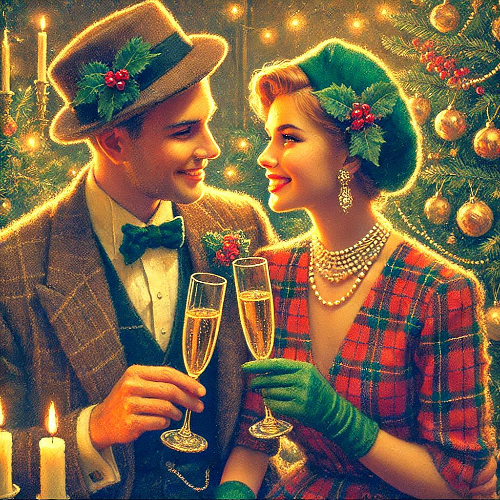 Oil painting, digital art, retro New Years card, Russian couple in love with glasses of champagne in