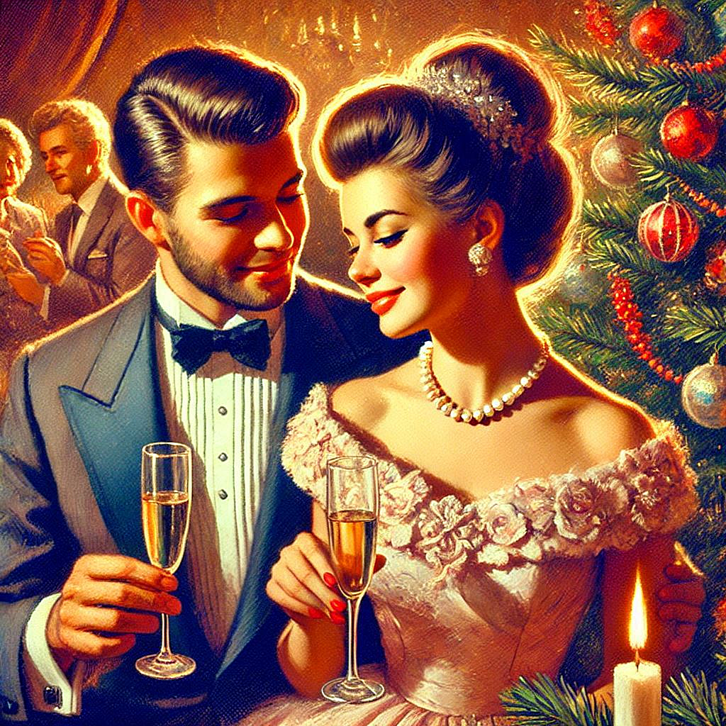 Oil painting, digital art, retro New Years card, a couple in love with glasses of champagne in their