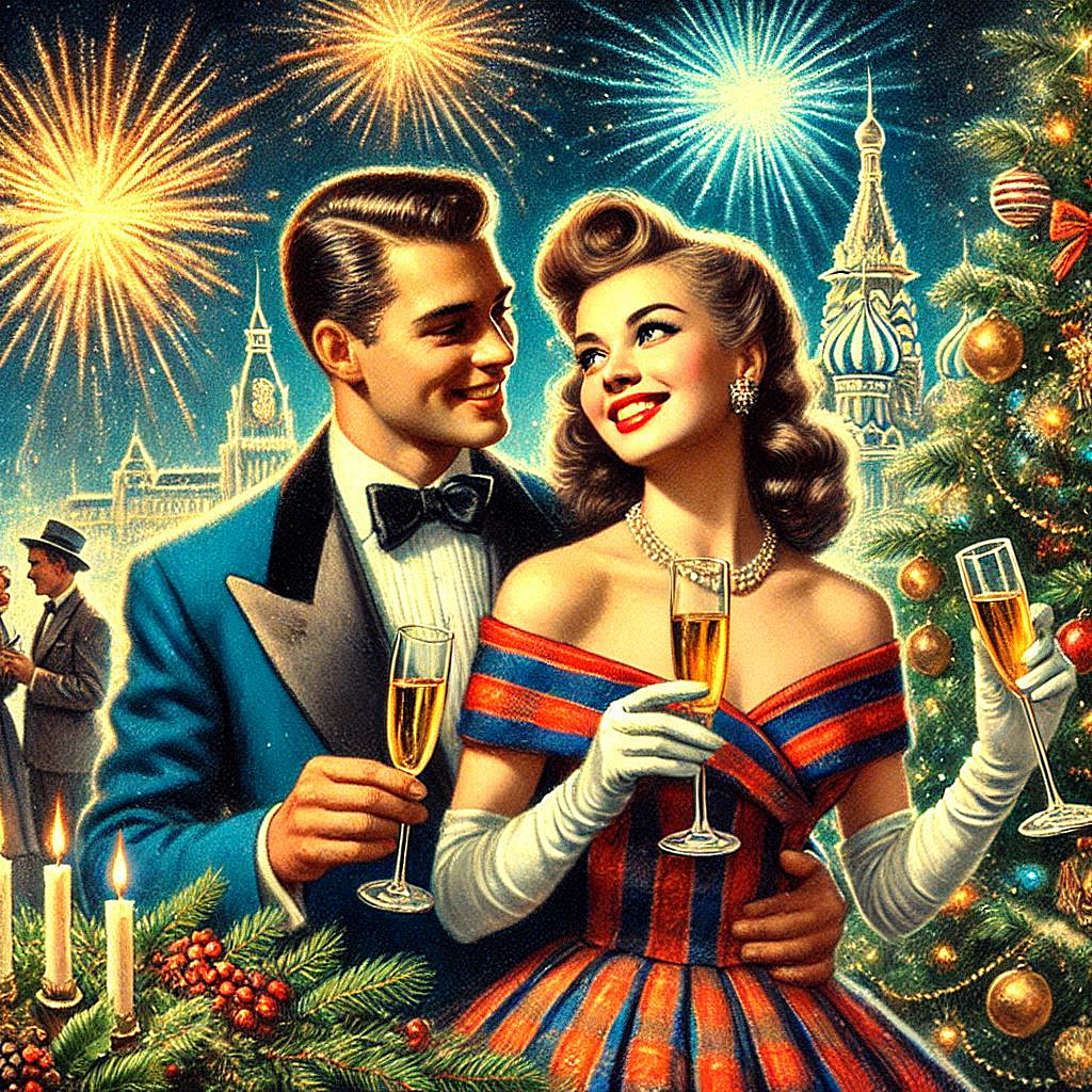 Oil painting, digital art, retro New Years card, a couple in love with glasses of champagne in their