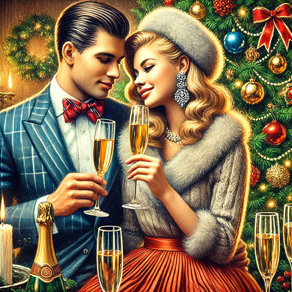 Oil painting, digital art, retro New Years card, a Russian couple in love with glasses of champagne