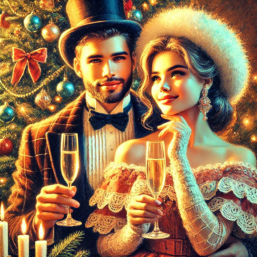 Oil painting, digital art, retro New Years card, a Russian couple in love with glasses of champagne