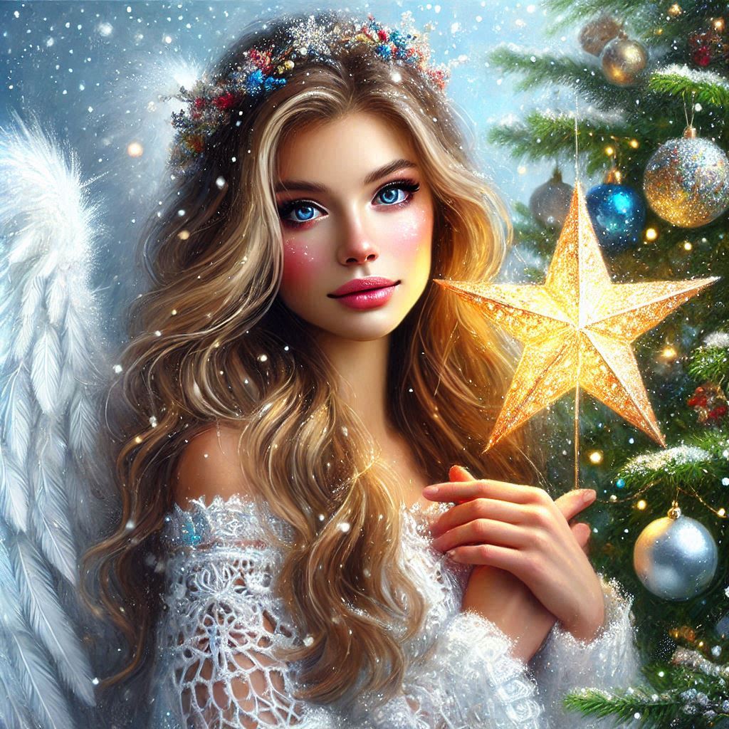 Beautiful girl Christmas angel with Christmas star, festive atmosphere, Oil painting, Digital art, B