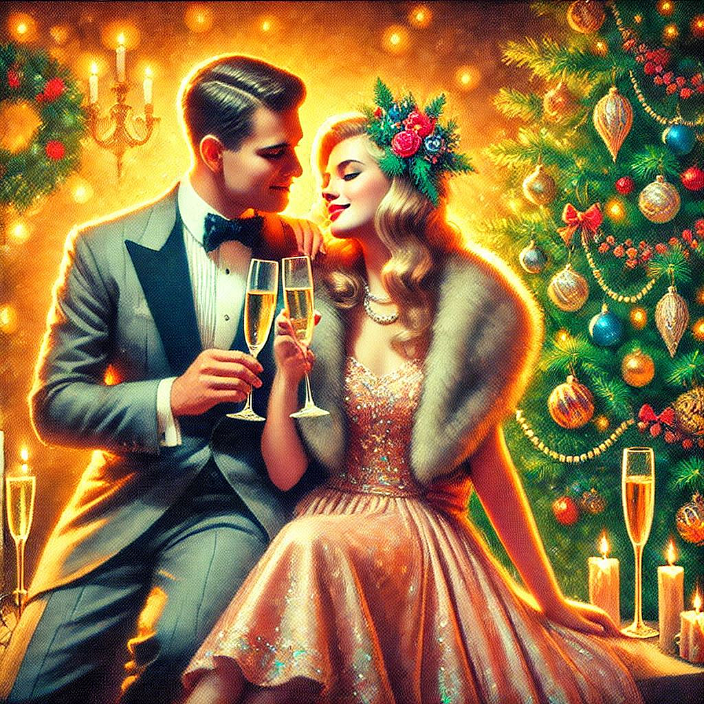 Oil painting, digital art, retro New Years card, a couple in love with glasses of champagne in their