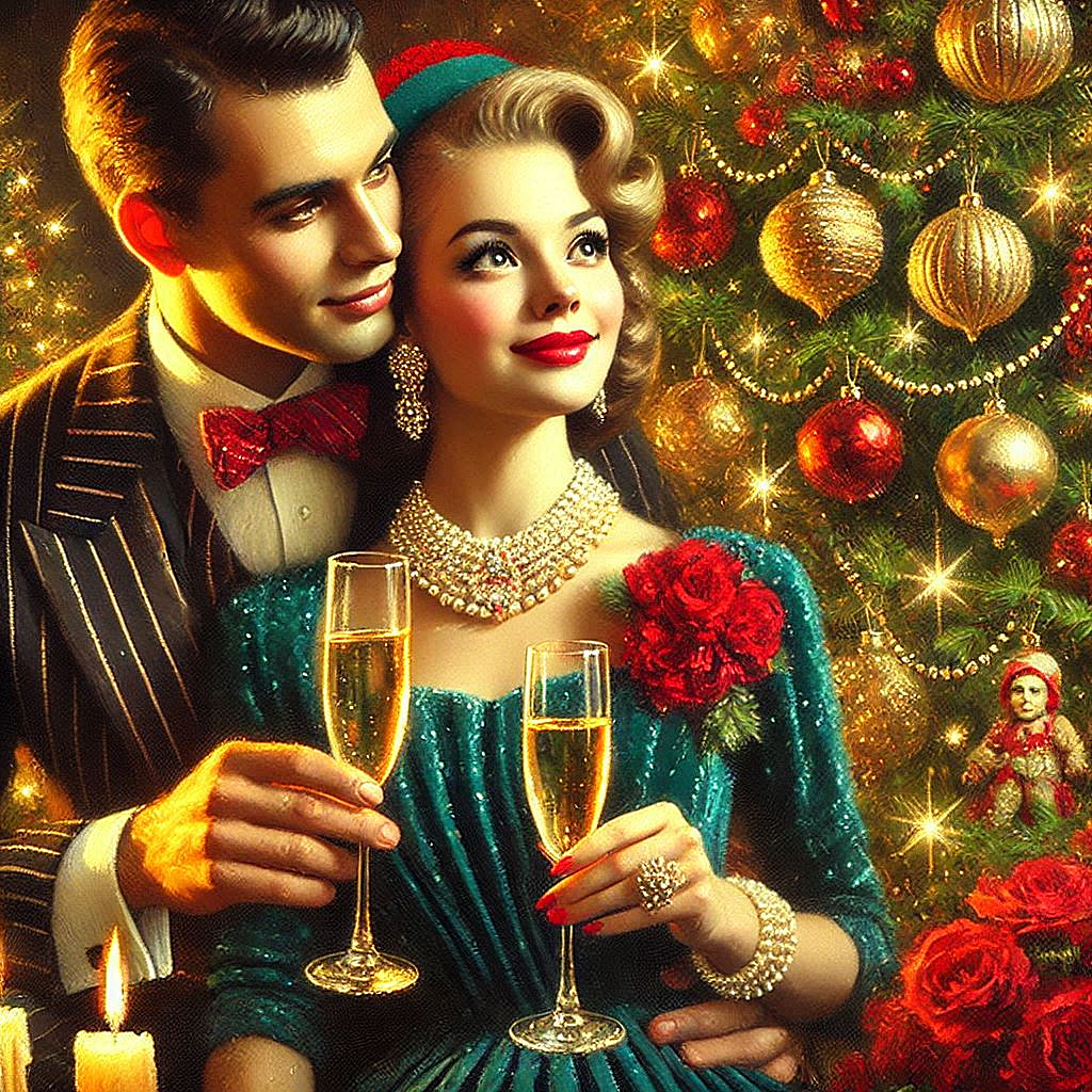 Oil painting, digital art, retro New Years card, a Russian couple in love with glasses of champagne