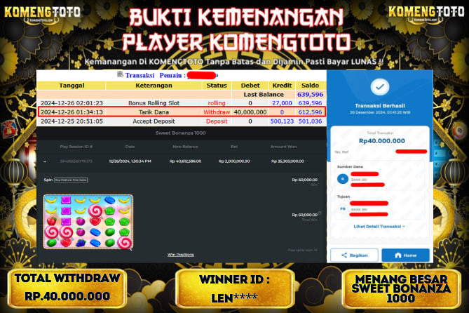 LAGI & LAGI!! KEMENANGAN BESAR DI SLOT SWEET BONANZA 1000  SEBESAR Rp.40.000.000 KOMENGTOTO BAYAR LUNAS SECEPAT KILAT !! KOMENGTOTO BAYAR SECEPAT KILAT !!!