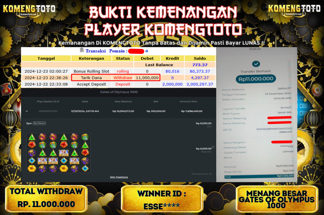 LAGI & LAGI!! KEMENANGAN BESAR DI SLOT  GATES OF OLYMPUS 1000  SEBESAR Rp.11.000.000 KOMENGTOTO BAYAR LUNAS SECEPAT KILAT !! KOMENGTOTO BAYAR SECEPAT KILAT !!