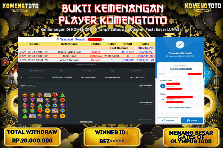 LAGI & LAGI!! KEMENANGAN BESAR DI SLOT  GATES OF OLYMPUS 1000  SEBESAR Rp.20.000.000 KOMENGTOTO BAYAR LUNAS SECEPAT KILAT !! KOMENGTOTO BAYAR SECEPAT KILAT !!