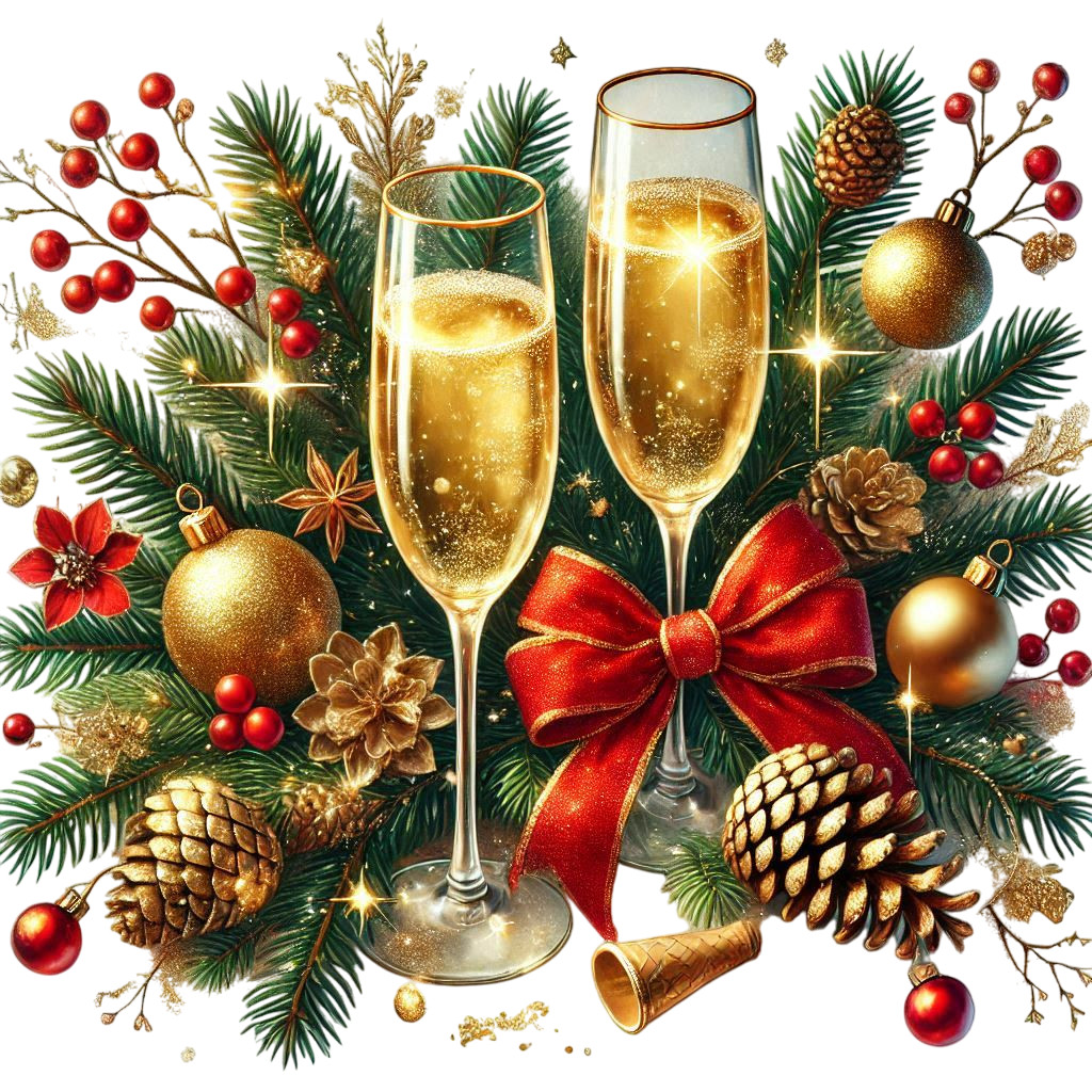 Two glasses of champagne surrounded by festive decorations. Around the glasses are spruce branches, 