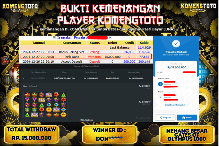 LAGI & LAGI!! KEMENANGAN BESAR DI SLOT  GATES OF OLYMPUS 1000  SEBESAR Rp.15.000.000 KOMENGTOTO BAYAR LUNAS SECEPAT KILAT !! KOMENGTOTO BAYAR SECEPAT KILAT !!