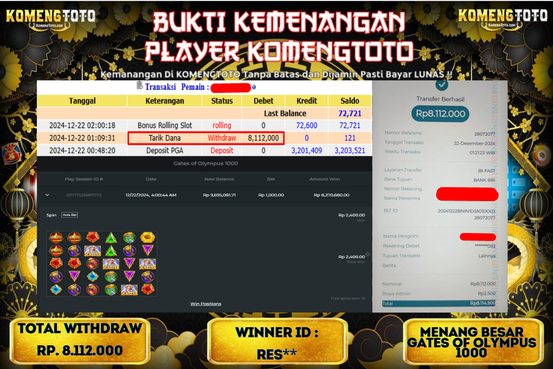 LAGI & LAGI!! KEMENANGAN BESAR DI SLOT  GATES OF OLYMPUS 1000  SEBESAR Rp.8.112.000 KOMENGTOTO BAYAR LUNAS SECEPAT KILAT !! KOMENGTOTO BAYAR SECEPAT KILAT !!