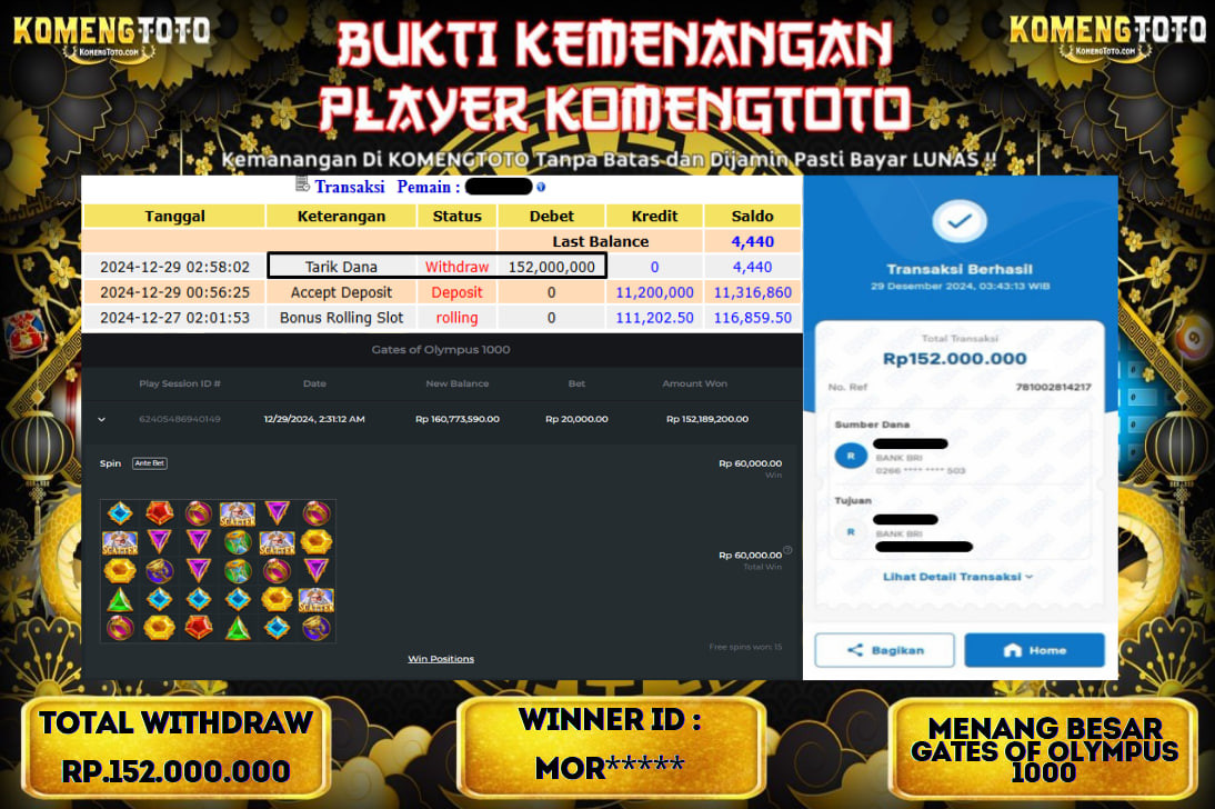 LAGI & LAGI!! KEMENANGAN BESAR DI SLOT  GATES OF OLYMPUS 1000  SEBESAR Rp.152.000.000 KOMENGTOTO BAYAR LUNAS SECEPAT KILAT !! KOMENGTOTO BAYAR SECEPAT KILAT !!