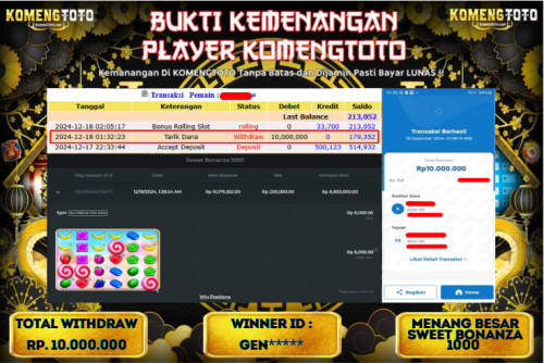 LAGI & LAGI!! KEMENANGAN BESAR DI SLOT SWEET BONANZA 1000  SEBESAR Rp.10.000.000 KOMENGTOTO BAYAR LUNAS SECEPAT KILAT !! KOMENGTOTO BAYAR SECEPAT KILAT !!