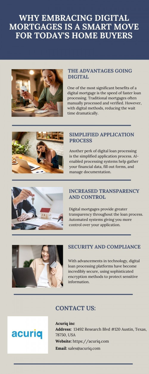 In our fast-paced world, the need for quick and efficient services is more important than ever, especially regarding financial matters. Digital loan processing is revolutionizing how individuals and businesses access and manage loans. Advanced technology simplifies the process, making it faster, more accurate, and much less stressful for everyone involved.

Read more: https://acuriq.com