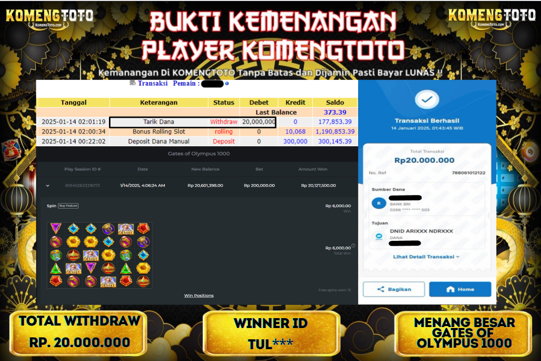 LAGI & LAGI!! KEMENANGAN BESAR DI SLOT  GATES OF OLYMPUS 1000  SEBESAR Rp.20.000.000 KOMENGTOTO BAYAR LUNAS SECEPAT KILAT !! KOMENGTOTO BAYAR SECEPAT KILAT !!