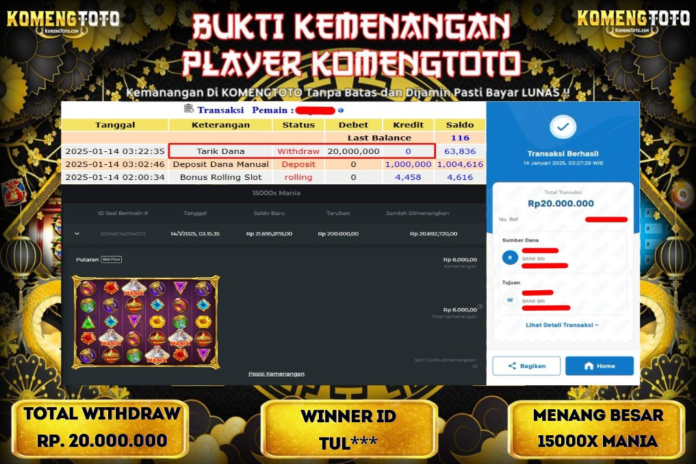 LAGI & LAGI!! KEMENANGAN BESAR DI SLOT  15000X MANIA  SEBESAR Rp.20.000.000 KOMENGTOTO BAYAR LUNAS SECEPAT KILAT !! KOMENGTOTO BAYAR SECEPAT KILAT !!