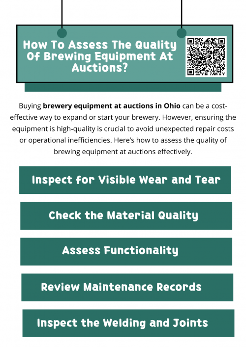 To assess brewing equipment quality at a brewery equipment auction in Ohio, inspect for visible damage, rust, or dents. Test functionality of valves, gauges, and pumps. Review maintenance records, if available, to gauge care history. Confirm the material's durability, such as stainless steel. Check the brand reputation and part availability. Consulting an expert can provide added assurance before making your purchase. To know more visit here https://www.wyethauctions.com/industries/brewery-equipment