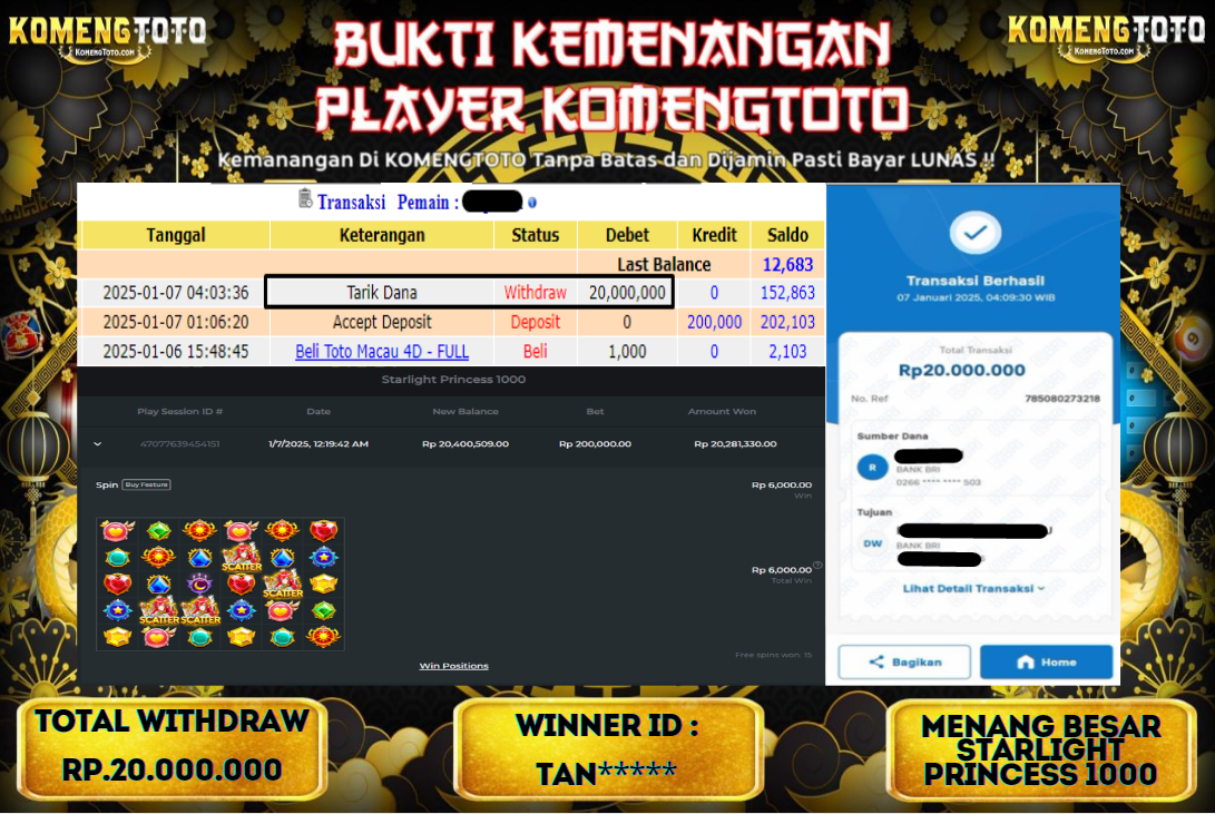 LAGI & LAGI!! KEMENANGAN BESAR DI SLOT  STARLIGHT PRINCES 1000 SEBESAR Rp.20.000.000 KOMENGTOTO BAYAR LUNAS SECEPAT KILAT !! KOMENGTOTO BAYAR SECEPAT KILAT !!