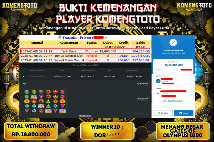 LAGI & LAGI!! KEMENANGAN BESAR DI SLOT  GATES OF OLYMPUS 1000  SEBESAR Rp.18.800.000 KOMENGTOTO BAYAR LUNAS SECEPAT KILAT !! KOMENGTOTO BAYAR SECEPAT KILAT !!