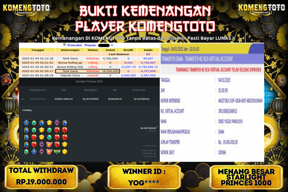 LAGI & LAGI!! KEMENANGAN BESAR DI SLOT  STARLIGHT PRINCES 1000 SEBESAR Rp.19.000.000 KOMENGTOTO BAYAR LUNAS SECEPAT KILAT !! KOMENGTOTO BAYAR SECEPAT KILAT !!