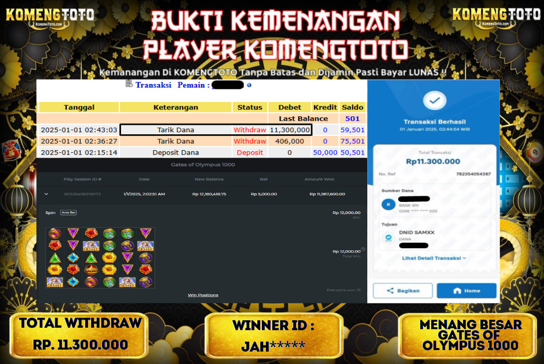 LAGI & LAGI!! KEMENANGAN BESAR DI SLOT  GATES OF OLYMPUS 1000  SEBESAR Rp.11.300.000 KOMENGTOTO BAYAR LUNAS SECEPAT KILAT !! KOMENGTOTO BAYAR SECEPAT KILAT !!