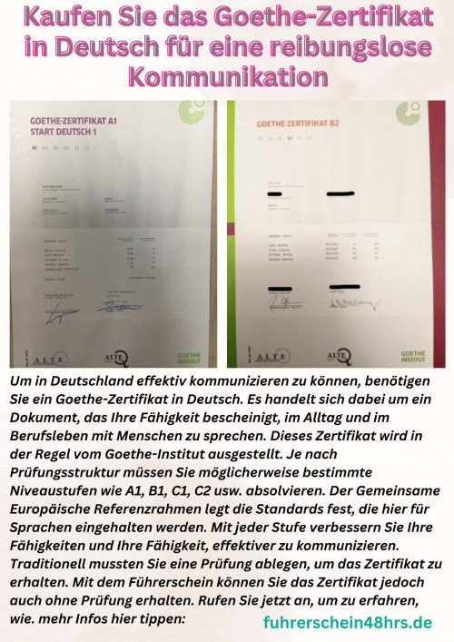 Um in Deutschland effektiv kommunizieren zu können, benötigen Sie ein Goethe-Zertifikat in Deutsch. Es handelt sich dabei um ein Dokument, das Ihre Fähigkeit bescheinigt, im Alltag und im Berufsleben mit Menschen zu sprechen. Dieses Zertifikat wird in der Regel vom Goethe-Institut ausgestellt. Je nach Prüfungsstruktur müssen Sie möglicherweise bestimmte Niveaustufen wie A1, B1, C1, C2 usw. absolvieren. Der Gemeinsame Europäische Referenzrahmen legt die Standards fest, die hier für Sprachen eingehalten werden. Mit jeder Stufe verbessern Sie Ihre Fähigkeiten und Ihre Fähigkeit, effektiver zu kommunizieren. Traditionell mussten Sie eine Prüfung ablegen, um das Zertifikat zu erhalten. Mit dem Führerschein können Sie das Zertifikat jedoch auch ohne Prüfung erhalten. Rufen Sie jetzt an, um zu erfahren, wie. mehr Infos hier tippen: https://fuhrerschein48hrs.de/goethe-zertifikat/