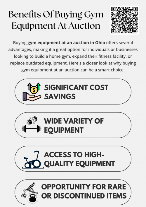 Buying gym equipment at auction in Ohio offers affordability, access to high-quality brands, and a wide selection of items. Auctions provide cost-effective options for starting or upgrading a fitness space, often at a fraction of retail prices. It's an excellent way to acquire durable, professional-grade equipment while minimizing expenses, making it ideal for gym owners and fitness enthusiasts alike. To know more visit here https://www.wyethauctions.com/industries/gym-fitness-equipment
