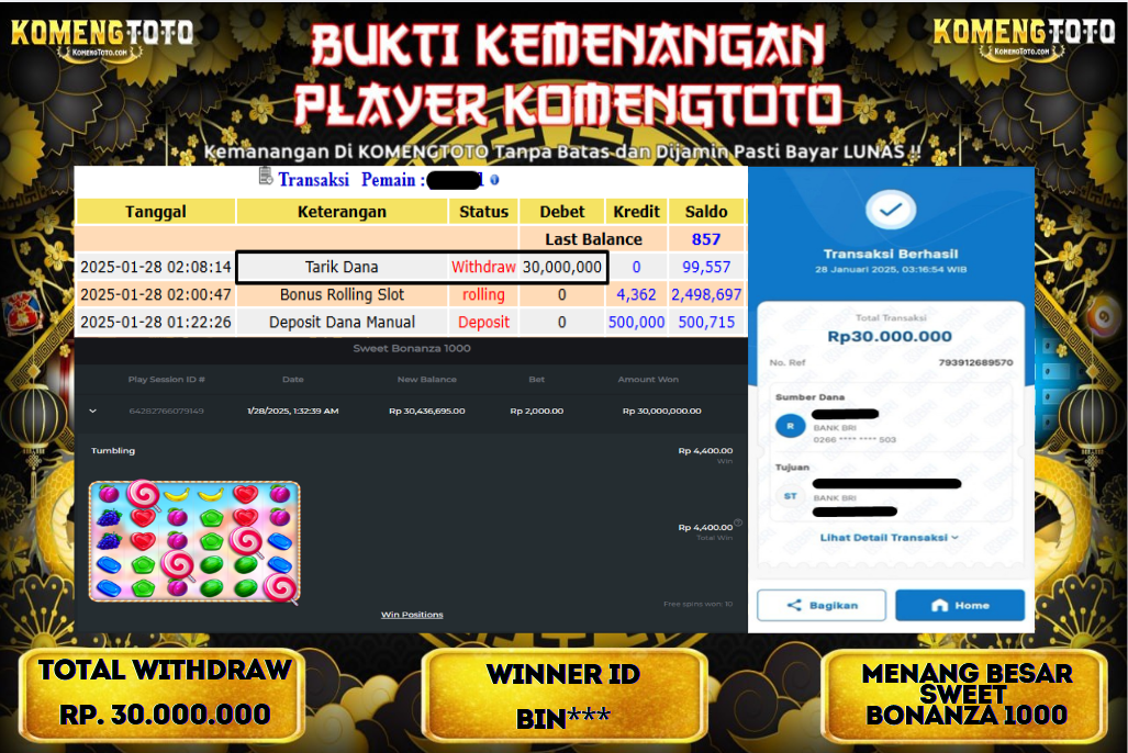 LAGI & LAGI!! KEMENANGAN BESAR DI SLOT  SWEET BONANZA   1000  SEBESAR Rp.30.000.000 KOMENGTOTO BAYAR LUNAS SECEPAT KILAT !! KOMENGTOTO BAYAR SECEPAT KILAT !!
