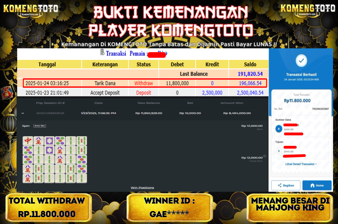 LAGI & LAGI!! KEMENANGAN BESAR MAHJONG KING  SEBESAR Rp.11.800.000 KOMENGTOTO BAYAR LUNAS SECEPAT KILAT !! KOMENGTOTO BAYAR SECEPAT KILAT !!